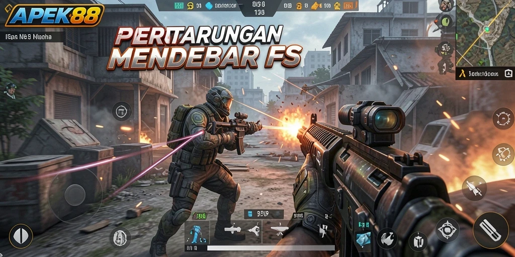 Screenshot APEK88 menampilkan intensitas baku tembak dalam gameplay FPS.
