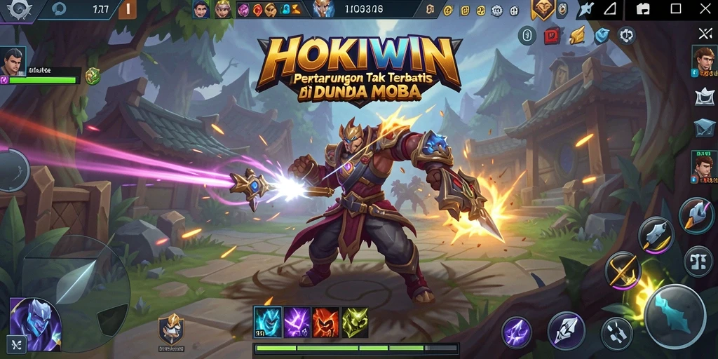 Tampilan gameplay HOKIWIN yang mendebarkan dengan aksi MOBA yang intens.