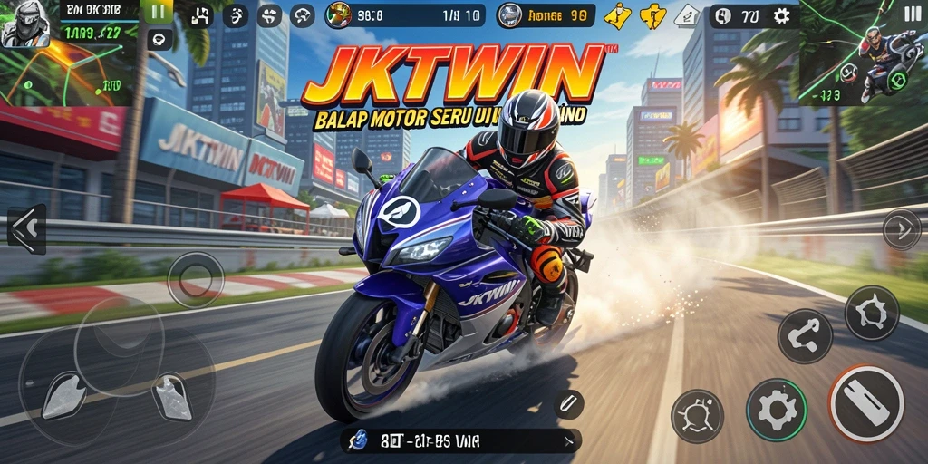 Screenshot utama JKTWIN menampilkan aksi balap motor yang intens dan grafik yang memukau.