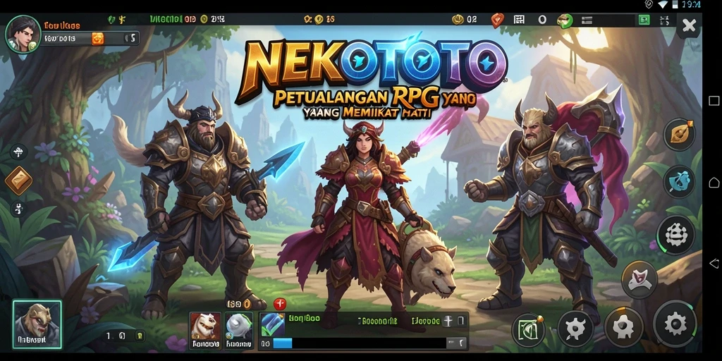 Screenshot gameplay NEKOTOTO menunjukkan pertarungan seru di dunia fantasi.