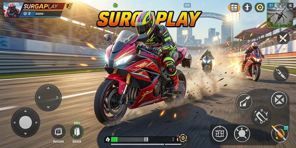 Gameplay seru dari SURGAPLAY saat balapan motor.