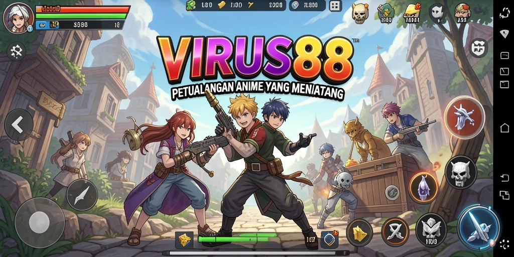 Screenshot gameplay dari VIRUS88 menampilkan aksi seru karakter anime.
